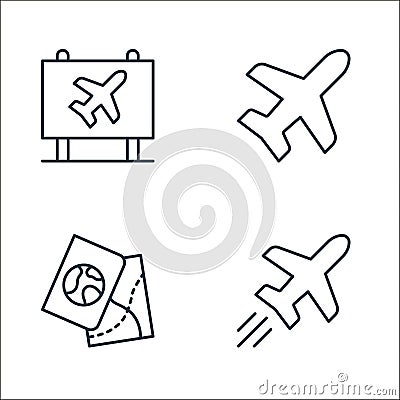 flying line icons. linear set. quality vector line set such as plane, maps and locations, airplane Vector Illustration