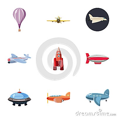 Flying machine icons set, cartoon style Vector Illustration