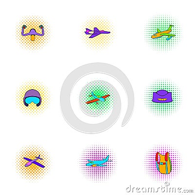 Flying machine icons set, pop-art style Vector Illustration