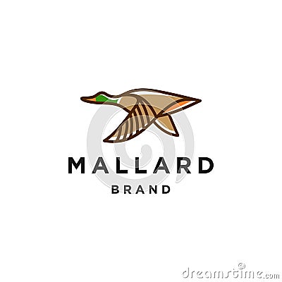 Flying mallard duck logo template. Vector geometric logotype illustration isolated on background. Linear bird fly wings icon symbo Vector Illustration