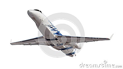 Flying modern business jet isolated on a white background. Front view Stock Photo