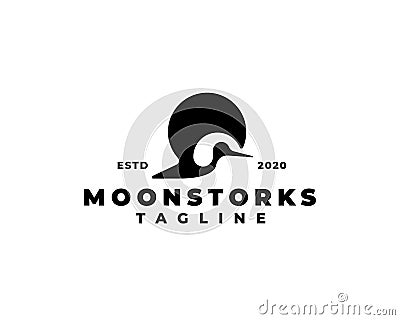 flying moon stork logo. Flying stork silhouette logo Vector Illustration