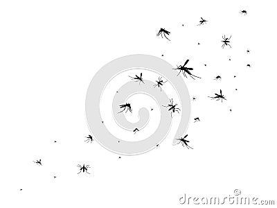 Flying mosquitoes. Black silhouette mosquito, swarm flying insects spreading disease dangerous infection and viruses Vector Illustration