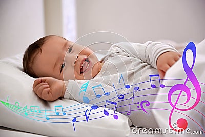 Flying music notes and cute baby lying in comfortable crib. Lullaby songs Stock Photo