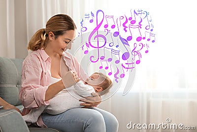 Flying music notes and young woman with her baby at home. Lullaby songs Stock Photo