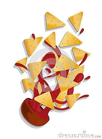 Flying nachos with sauce. Mexican national food. Traditional mexican cuisine illustration. Fast food. Street food drawing. Best Vector Illustration