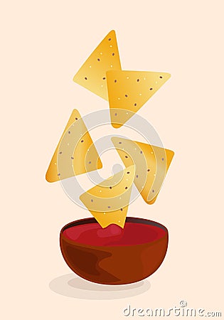 Flying nachos with sauce. Mexican national food. Traditional mexican cuisine illustration. Fast food. Street food drawing. Best Vector Illustration