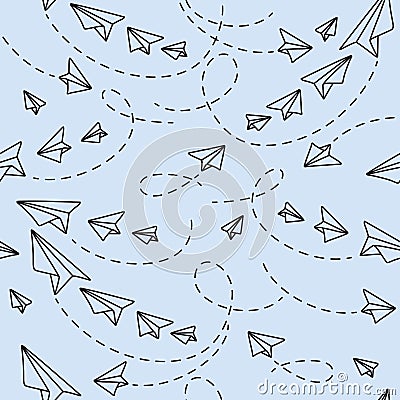 Flying Paper Planes on Light Blue Background. Seamless Pattern Vector Illustration