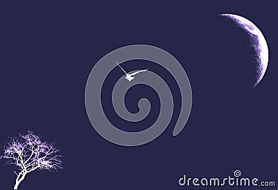 Flying owl bird illustration against single bare leafless tree and half moon silhouette in blue and white. Cartoon Illustration