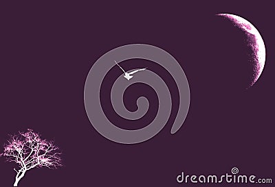 Flying owl bird illustration against single bare leafless tree and half moon silhouette in purple and white. Cartoon Illustration