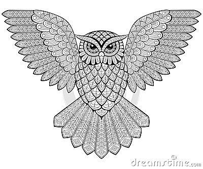 Flying owl in zentangle style. Adult antistress coloring page. Black and white hand drawn doodle for coloring book Vector Illustration