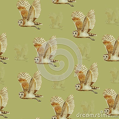 Flying owls watercolor seamless pattern Cartoon Illustration