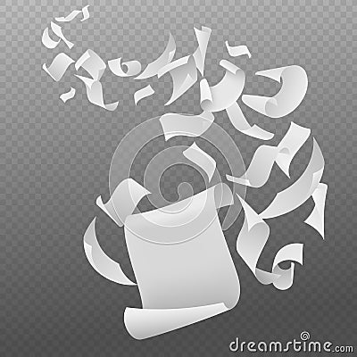 Flying papers. White blank sheets paper with bent corners, chaotic falling and flying empty scattered pages, realistic Vector Illustration