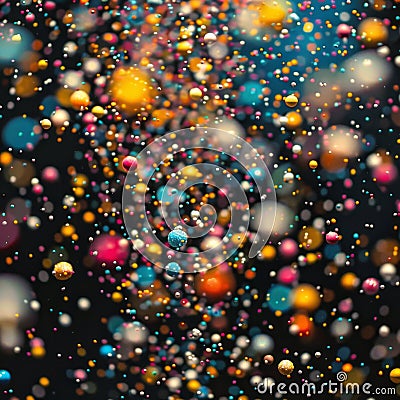 Flying particles and sprinkles background, exploding confetti, shiny shimmering carnival, glittering dust bokeh Cartoon Illustration