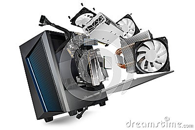 Flying parts of a modern computer. hardware components mainboard cpu processor graphic card RAM cables and cooling fan flying out Stock Photo