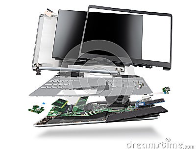 Flying parts of a notebook computer. hardware components mainboard cpu processor display RAM cables and cooling fan flying out of Stock Photo