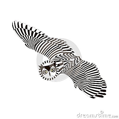 Flying patterned owl. Black white zentangle style Vector Illustration