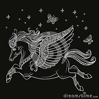 Flying Pegasus vector white on black vector illustration Vector Illustration