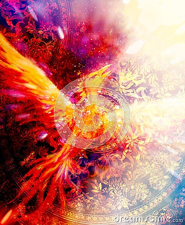 Flying phoenix bird as symbol of rebirth and new beginning and ancient ornament in background. Stock Photo