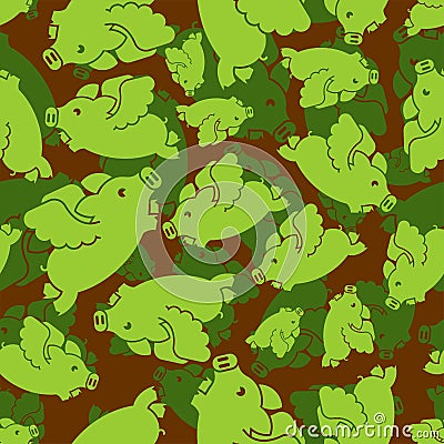 Flying pig army pattern seamless. piglet with wings Military background. Soldier`s and hunting Green ornament. vector texture Vector Illustration