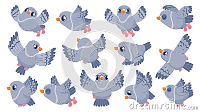 Flying pigeon. Cartoon bird character in flight, cute mascot with funny face, colorful flat dove animal clip art. Vector Vector Illustration