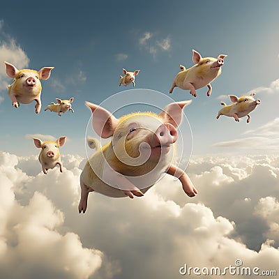 Flying pigs in the sky. AI generated. Stock Photo