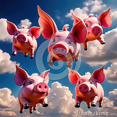 flying pigs with wings in sky with clouds smiling Stock Photo