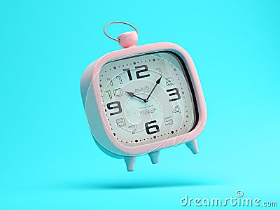 Flying pink clock on blue background 3 D illustration Cartoon Illustration