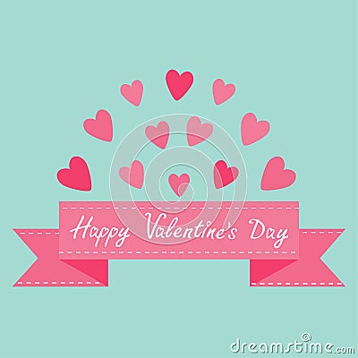 Flying pink heart and dash line ribbon. Print poster. Happy Valentines day text. Greeting card. Flat design. Blue background. Isol Vector Illustration