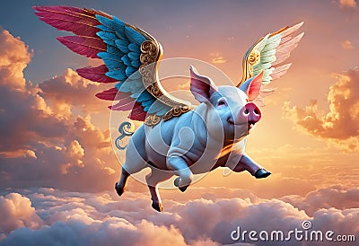Flying pink pig with wings. Generative AI Stock Photo