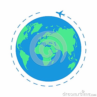 Flying plane around the world. The path plane, airplane route. Planet Earth icon Vector Illustration