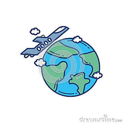 Flying plane around world travel aviation transport airport Vector Illustration