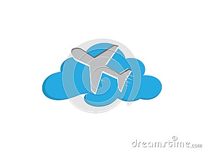 Flying plane in the sky across the clouds for logo design illustration, trip icon, travel symbol Vector Illustration