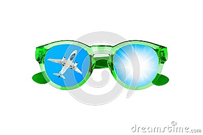 Flying airplane, sun, blue sky, sunglasses, summer holidays, vacation flight, travel agency, international airlines, tourism Stock Photo