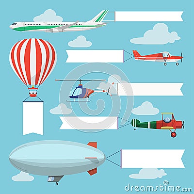Flying planes, helicopter and airship pulling advertising banner Vector Illustration