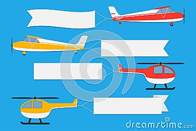 Flying planes and helicopters with banners. Set of advertising ribbons on blue background. Vector. Vector Illustration