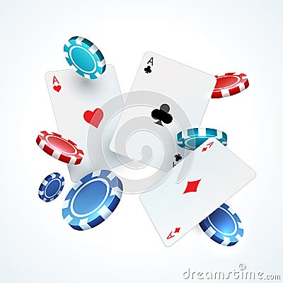 Flying poker cards, chips. Casino gambling realistic 3D falling play card and plastic red and black chip. Vector Vector Illustration