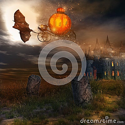 Flying pumpkin carriage Stock Photo