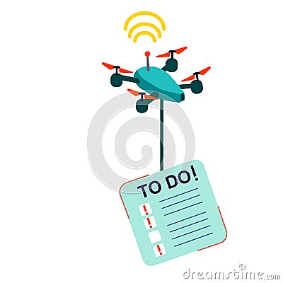 Flying quadcopter carries urgent task card Vector Illustration