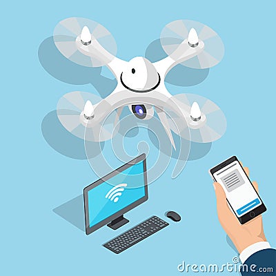 Flying Quadcopter, Computer, Man Hand with Phone Vector Illustration