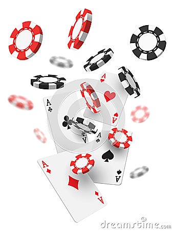 Flying realistic or 3d casino chips and aces cards Vector Illustration