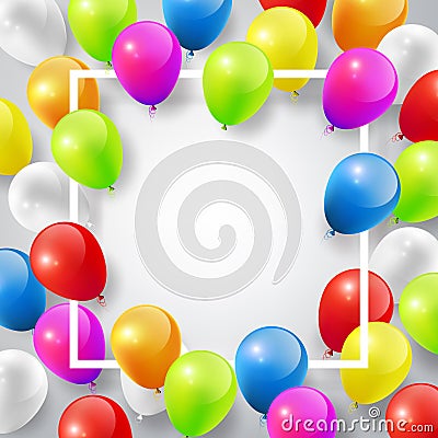 Flying Realistic Glossy Colorful Balloons with square white frame for design template, celebrate concept on white background Vector Illustration