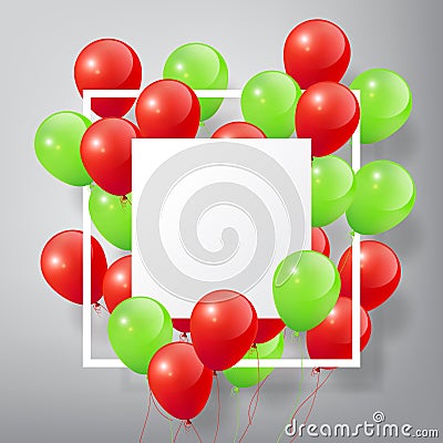 Flying Realistic Glossy Green Red Balloons with square white blank and frame, merry Christmas concept on white background Vector Illustration