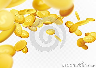 Flying realistic golden cash coins abstract background. Casino p Vector Illustration