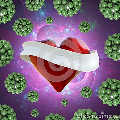 Flying red chopped heart with the white ribbon and the molecular spheres around. Copyspace for text Valentines day 3d illustration Cartoon Illustration