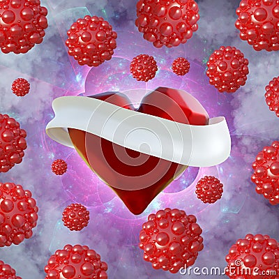 Flying red chopped heart with the white ribbon and the molecular spheres around. Copyspace for text Valentines day 3d illustration Cartoon Illustration