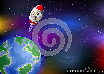 Flying Red White Rocket In Galaxy Space With Earth Planet Cartoon Stock Photo