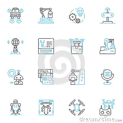 Flying robots linear icons set. Drs, Quadcopters, Hovercraft, Helicopters, Airborne, Unmanned, Aerial line vector and Vector Illustration