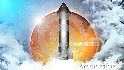 Launch of the spaceship from the spaceport in the planet Mars. Futuristic space travel and tourism concept. Stock Photo