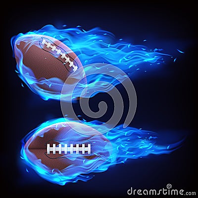 Flying rugby ball in blue fire Vector Illustration
